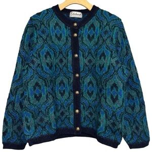 Edinburgh Vintage Size M Blue Black Fair Isle Knit Mohair Blend Cardigan Sweater